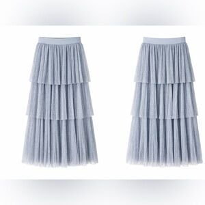 ✨ Petite Grey Tiered Tulle Midi Skirt – Polka Dot Mesh – NWT $219 Retail